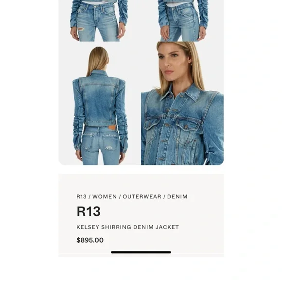 R13 Distressed Denim Jacket Structured Ruched Sleeve Jean Jacket | The Attico - Picture 10 of 13